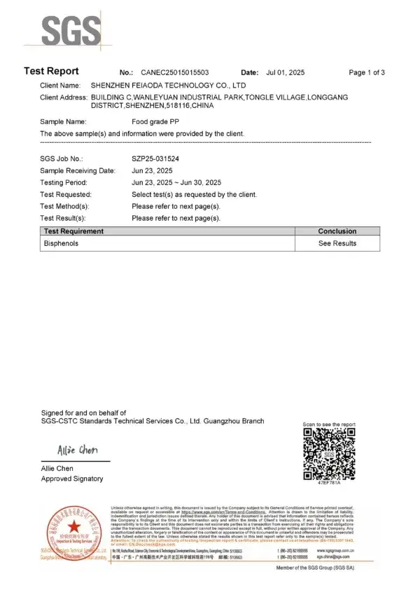 SGS BPA Test Report for Food-Grade PP