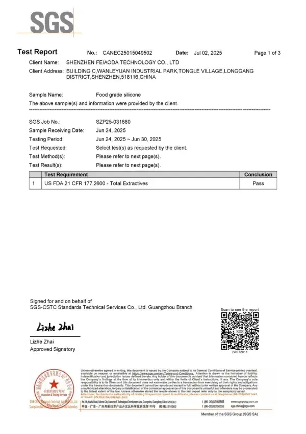 SGS FDA Test Report for Food-Grade Silicone