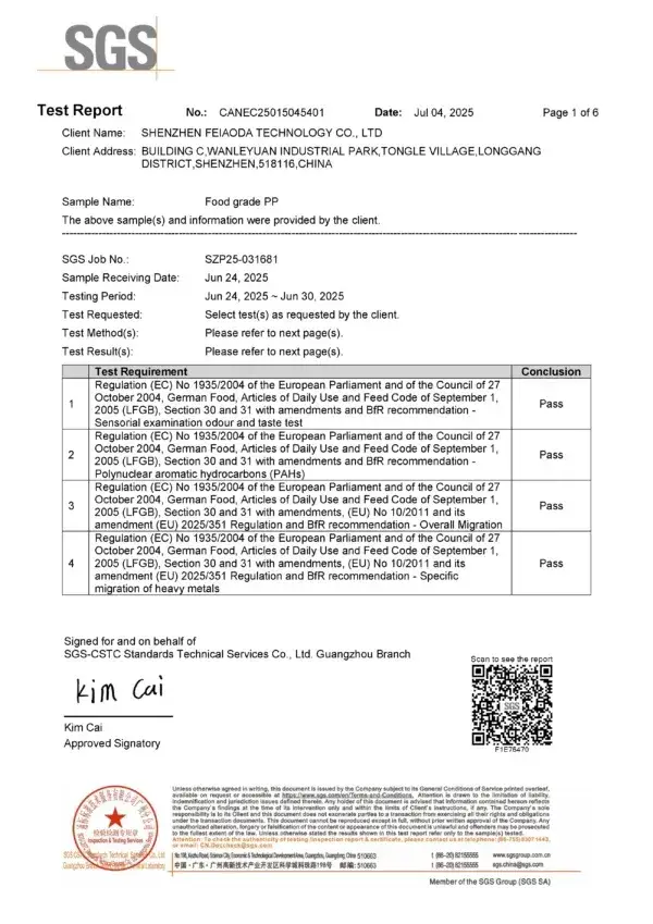 SGS LFGB Test Report for Food-Grade PP