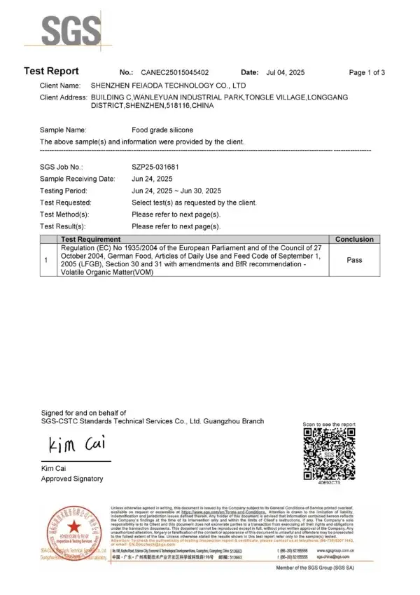 SGS LFGB VOM Test Report for Food-Grade Silicone