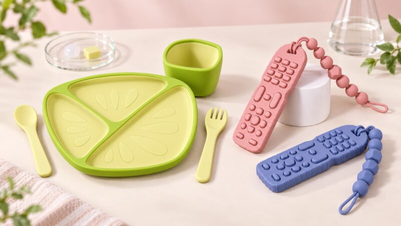 Lime-shaped silicone feeding set with pink and blue remote-shaped baby teethers