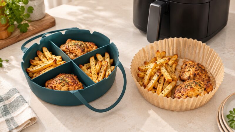 Teal silicone air fryer liner and parchment paper liner with roasted chicken and fries